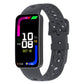 Black perforated silicone watch band with matching pin buckle on a fitness tracker