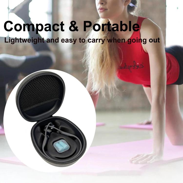Black hard-shell headphone storage case, open with molded insert for earbuds