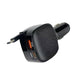 Black car charger with carbon-fiber textured face and metal plug connectors