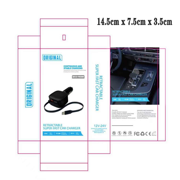 Original retractable car charger retail box with cable shown