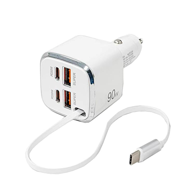 White 90W 3-port USB car charger with USB Type-C cable