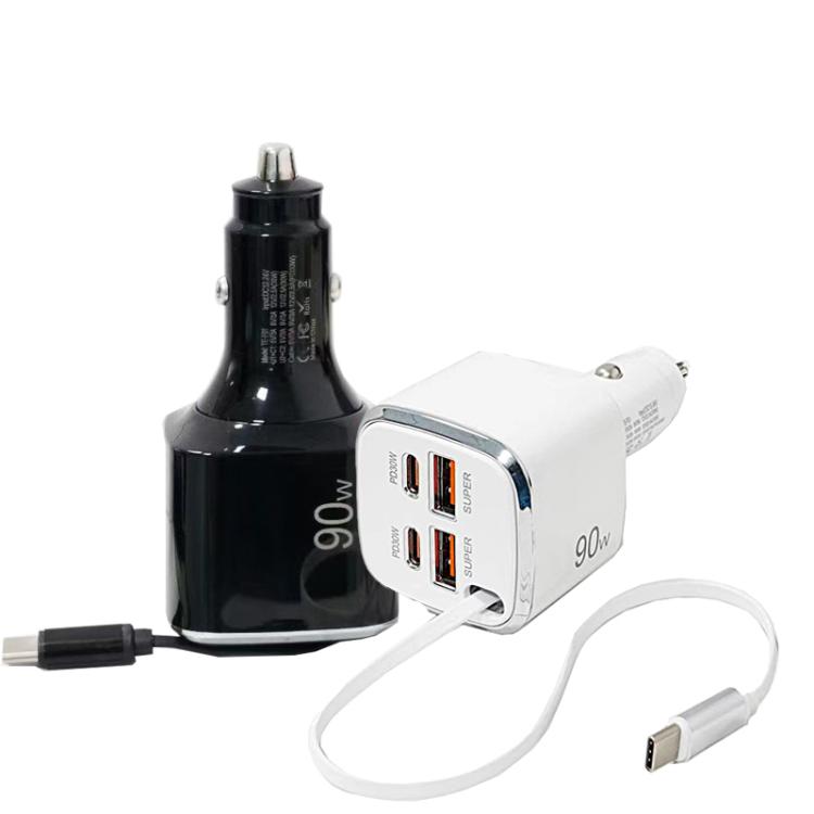 Black and white 90W car chargers shown side by side with Type-C cables