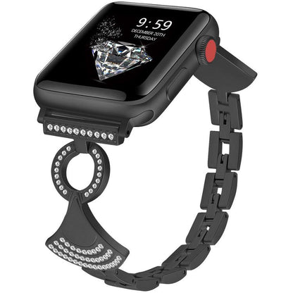 Black metal Apple Watch band with linked strap and crystal-studded decorative clasp