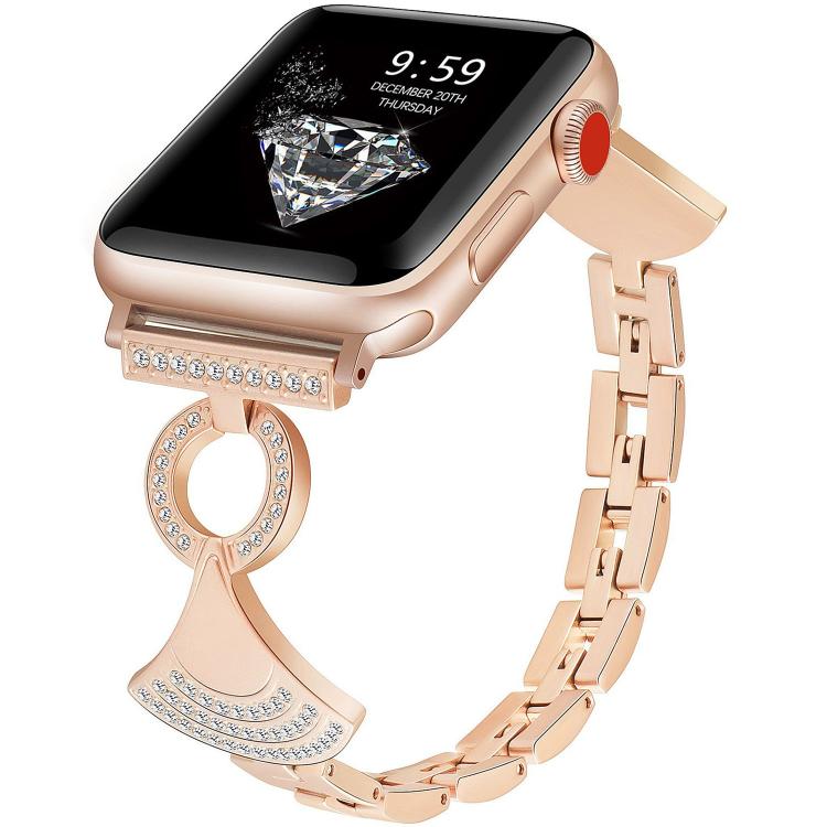 Rose gold metal Apple Watch band with linked strap and crystal-studded decorative clasp