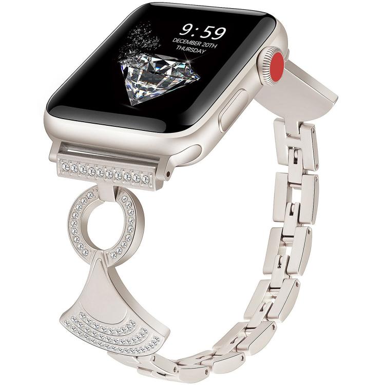 Starlight metal Apple Watch band with linked strap and crystal-studded decorative clasp