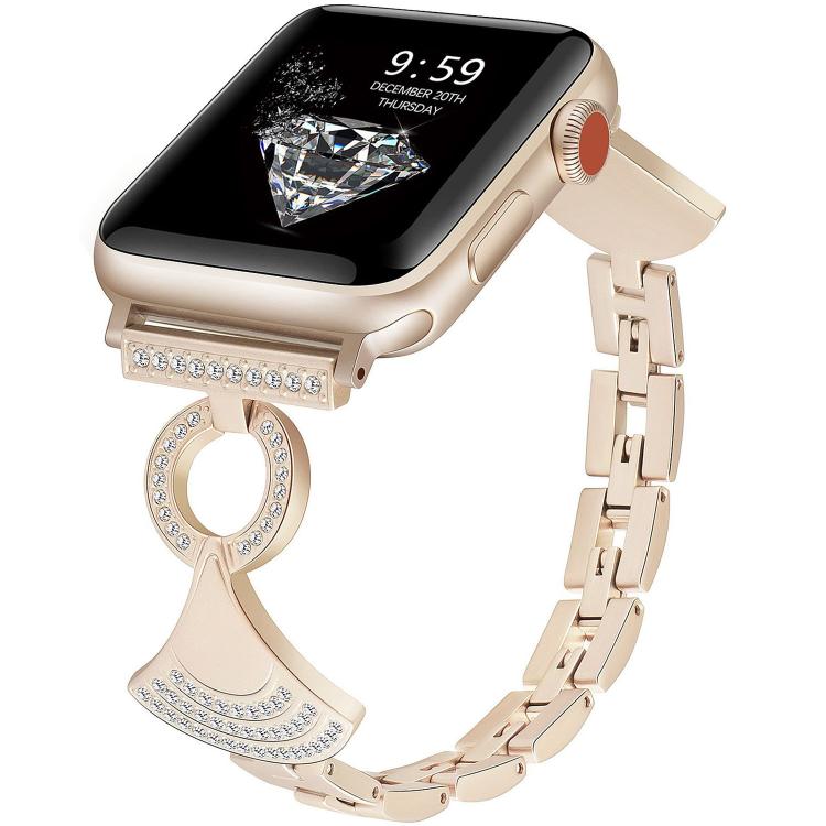 Champagne gold metal Apple Watch band with linked strap and crystal-studded decorative clasp