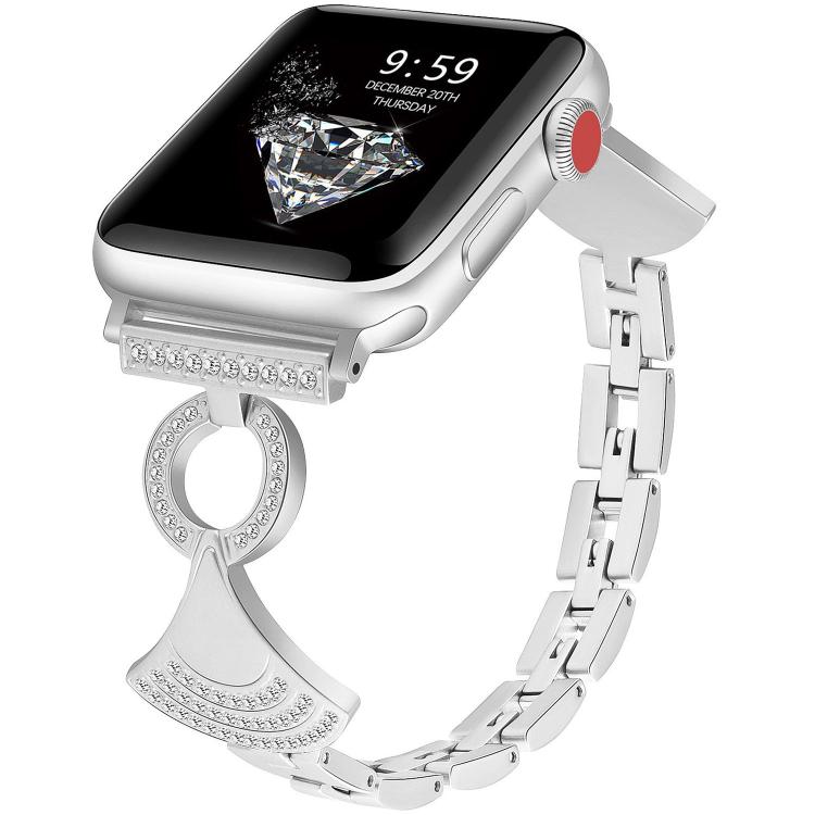 Silver linked metal Apple Watch band with crystal accents on its ornamental clasp