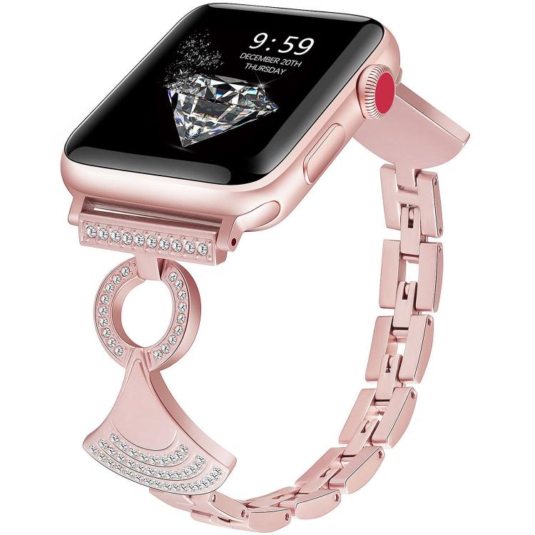 Rose pink metal Apple Watch band with crystal accents and a fan-shaped pendant link