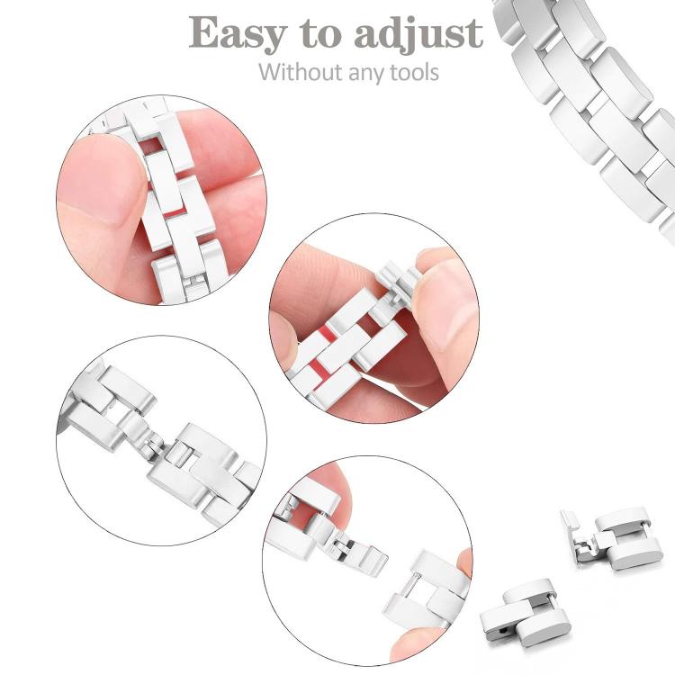 Silver metal watch band links shown with tool-free adjustment and removable link pieces