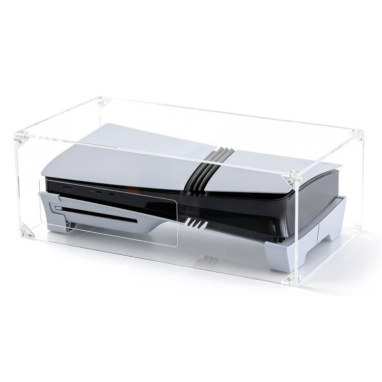Clear acrylic horizontal dust cover with side openings for a console base