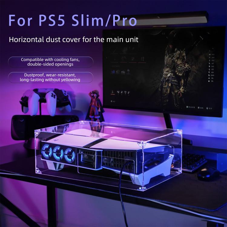 Transparent acrylic horizontal console dust cover with clear top and vented front cutouts