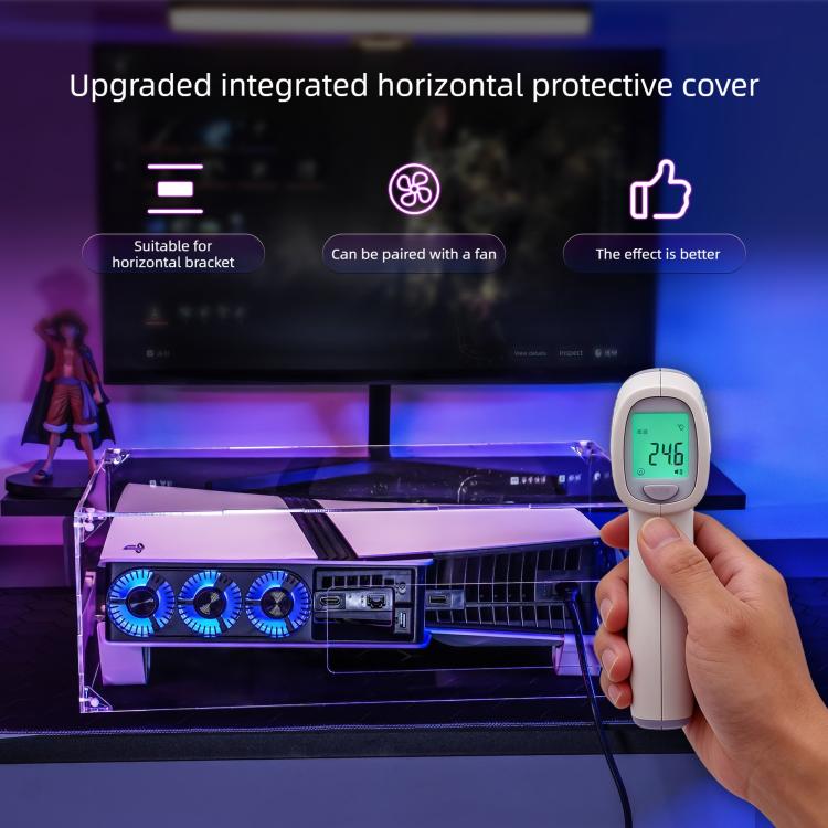 Transparent acrylic dust cover with open side access and rear vent slot openings