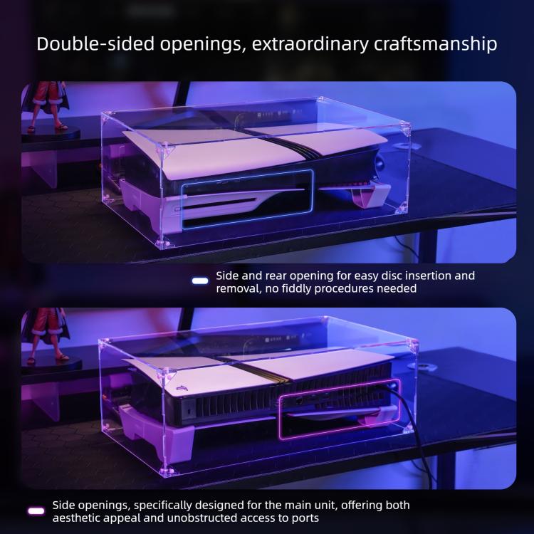 Transparent acrylic dust cover with dual side openings and front cutout for discs