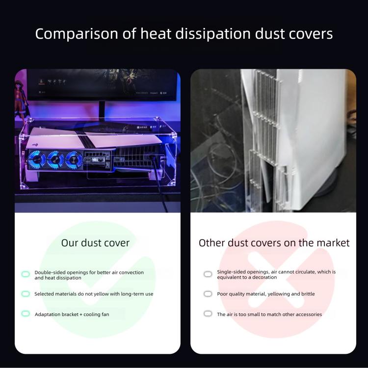 Transparent acrylic dust cover with airflow gaps and access openings for the console