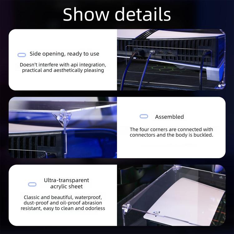 Clear acrylic dust cover with corner fasteners, ultra-transparent sheet, and side openings