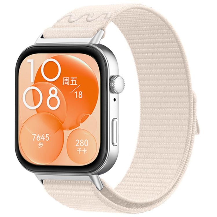 Cream woven hook-and-loop watch band shown on a smartwatch