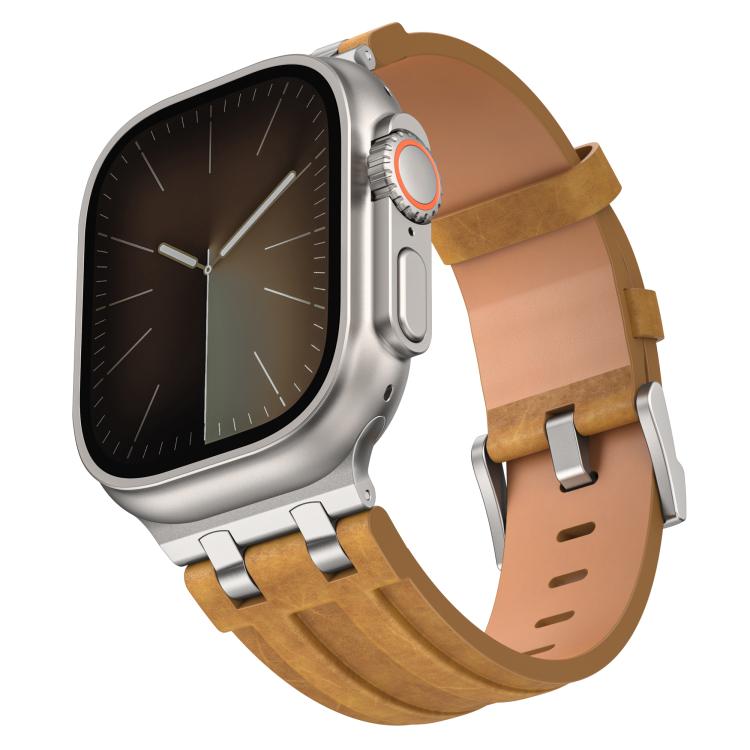 Brown vegan leather watch band with silver buckle, shown attached to a silver smartwatch