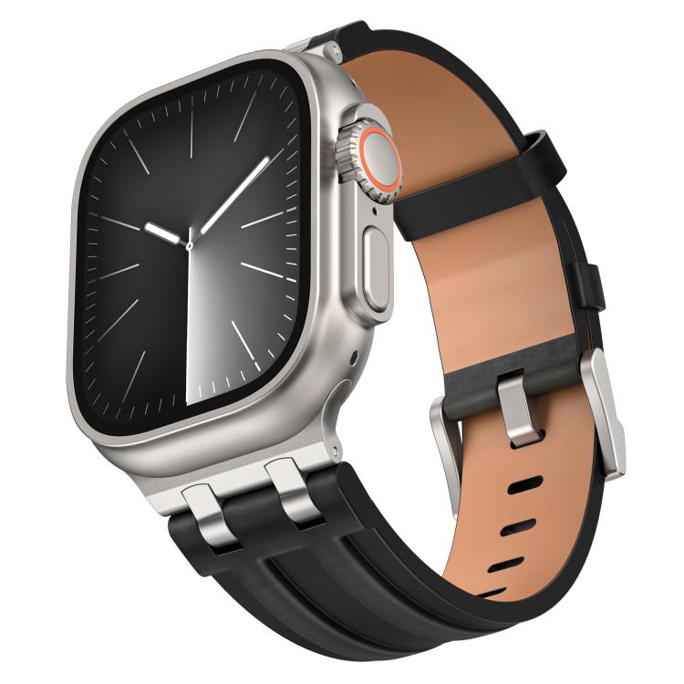 Black vegan leather watch band with silver buckle, shown attached to a silver smartwatch