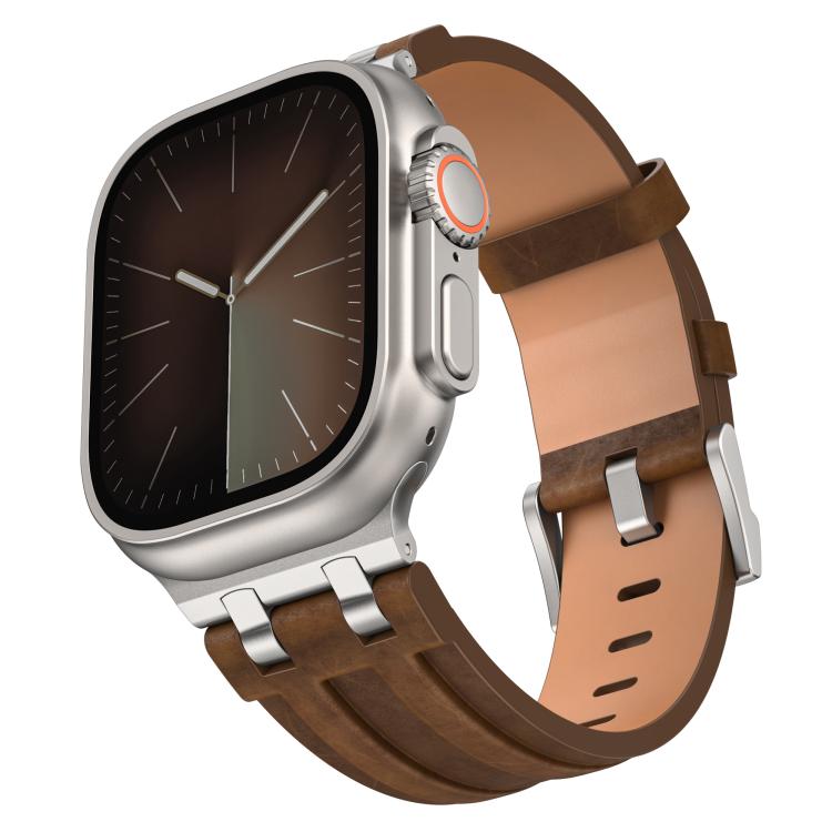 Dark coffee vegan leather watch band with silver buckle, shown attached to a silver smartwatch
