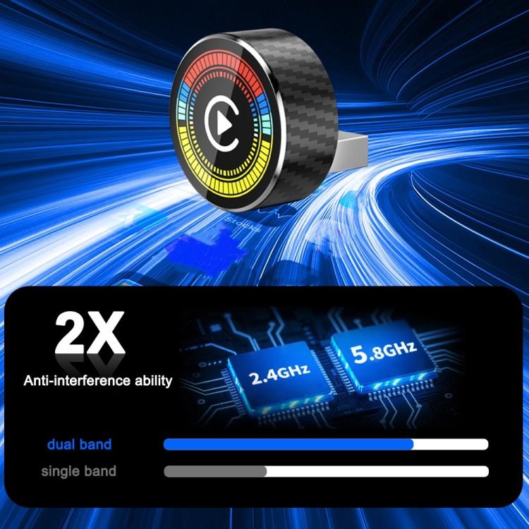 Round wireless car adapter dongle with LED ring and wireless signal graphic