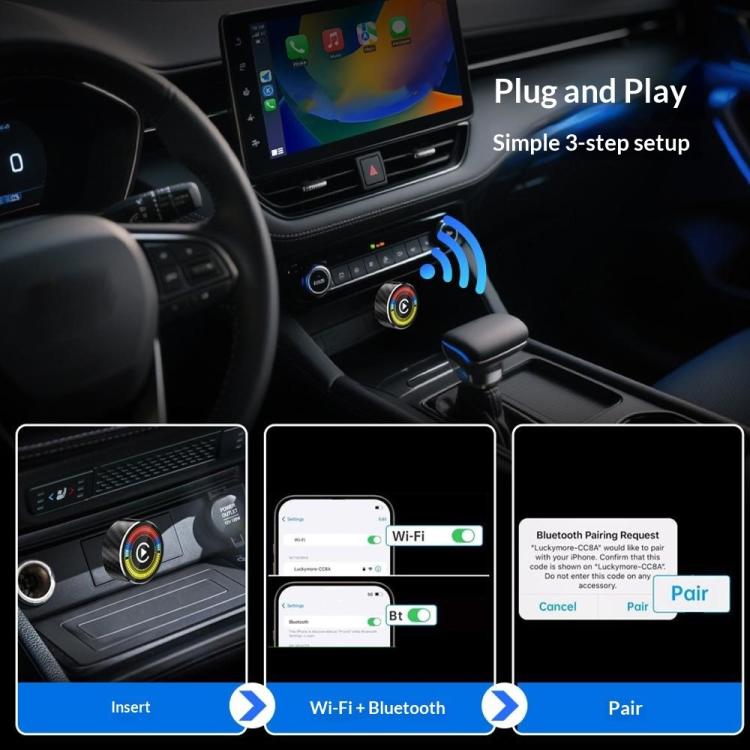 Wireless converter dongle setup in car console with USB adapter and pairing phone UI