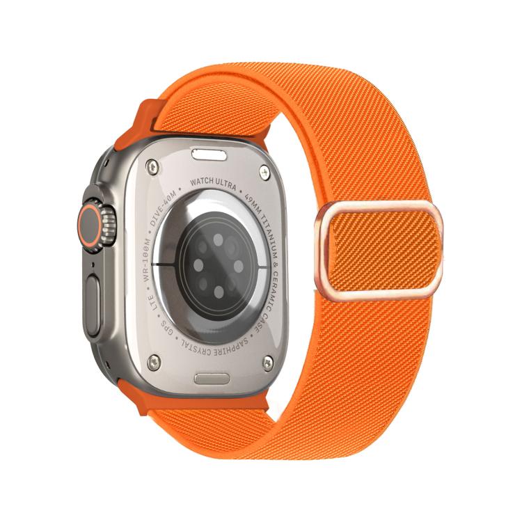 Orange diagonal-striped elastic watch band with a silver D-ring buckle