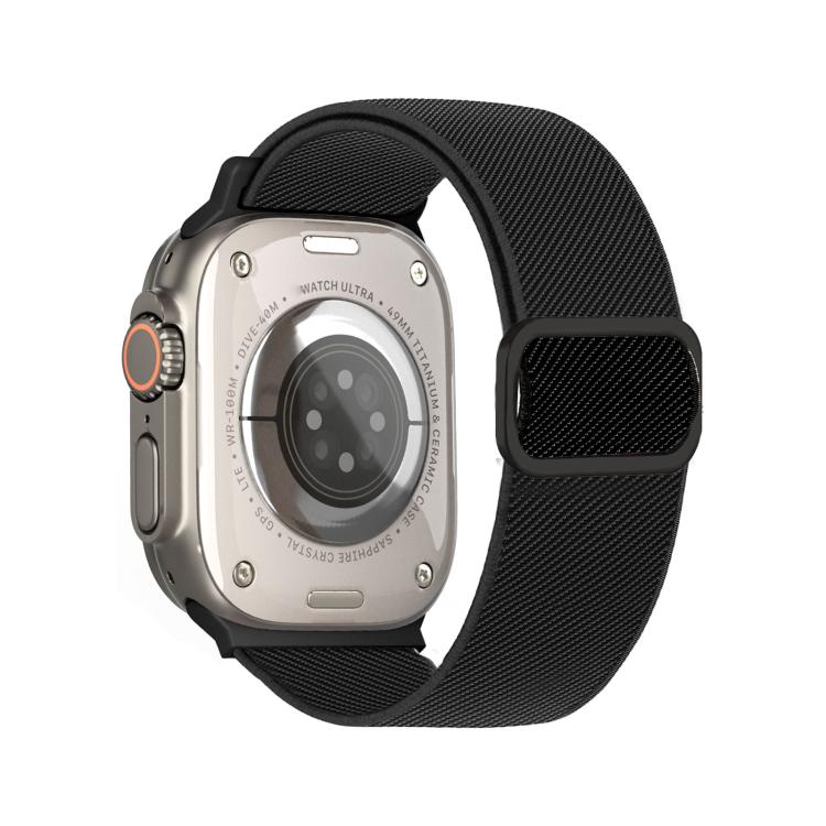 Black diagonal-striped elastic watch band with D-ring buckle on a smartwatch