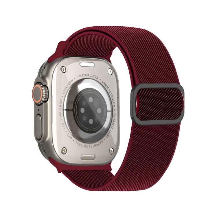 Wine red diagonal-striped elastic watch band with a dark D-ring buckle