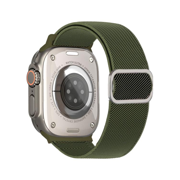 Green diagonal-striped elastic watch band with a silver D-ring buckle