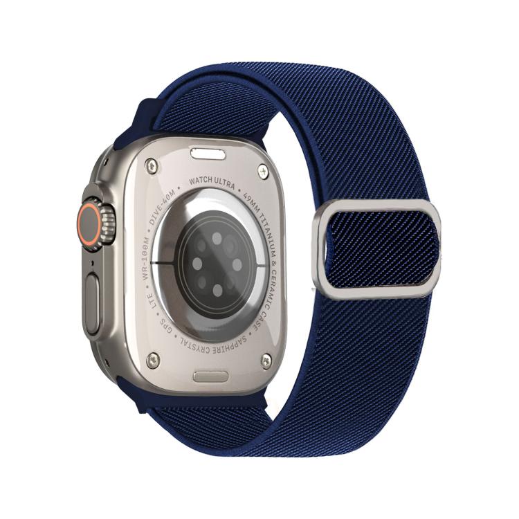 Midnight blue diagonal-striped elastic watch band with a silver D-ring buckle