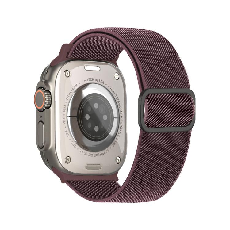 Purple diagonal-striped elastic watch band with a dark D-ring buckle
