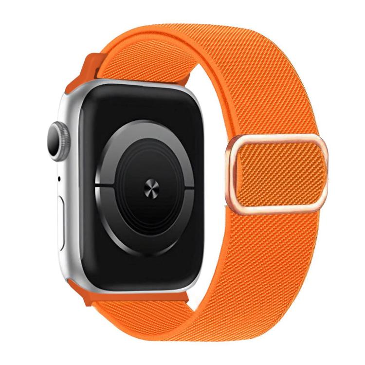 Orange diagonal-stripe elastic watch band with D-ring buckle on a silver smartwatch