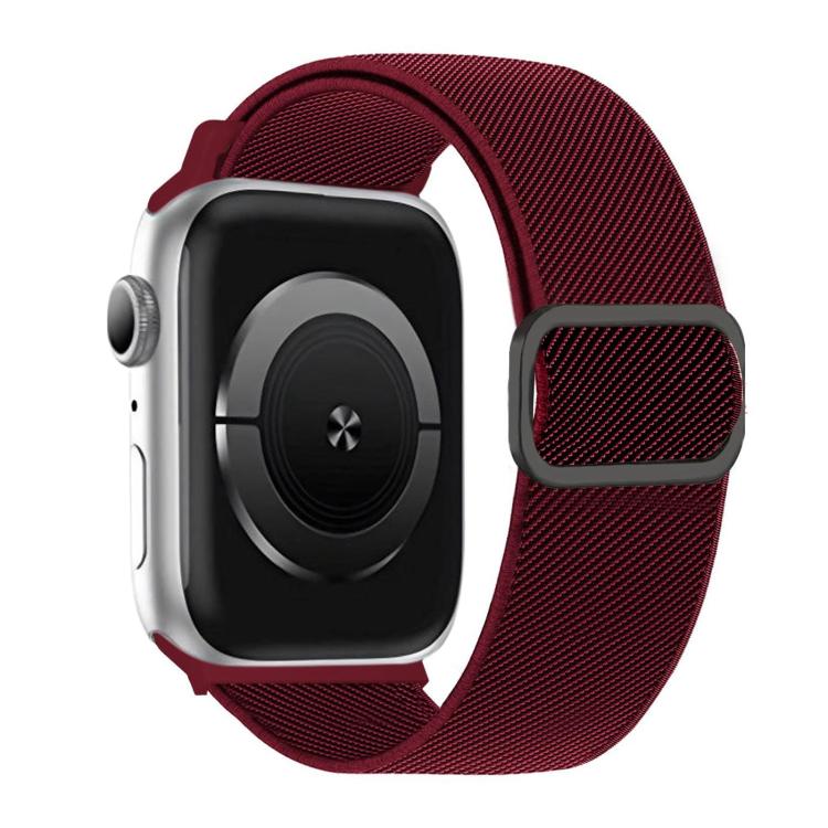 Wine-red diagonal-stripe elastic watch band with dark D-ring buckle