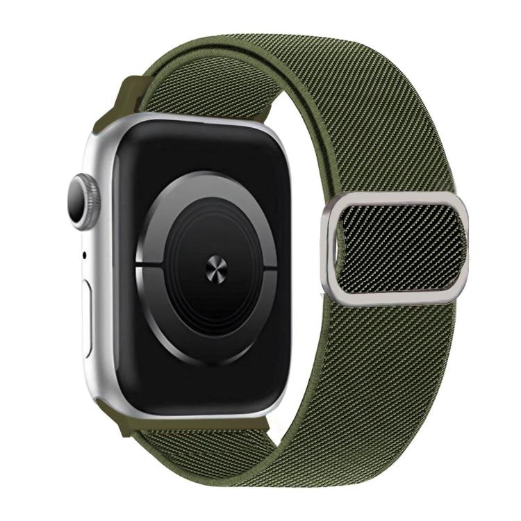 Olive green diagonal-striped elastic watch band with a silver D-ring buckle