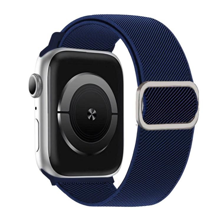 Midnight-blue diagonal-stripe elastic watch band with silver-tone D-ring buckle