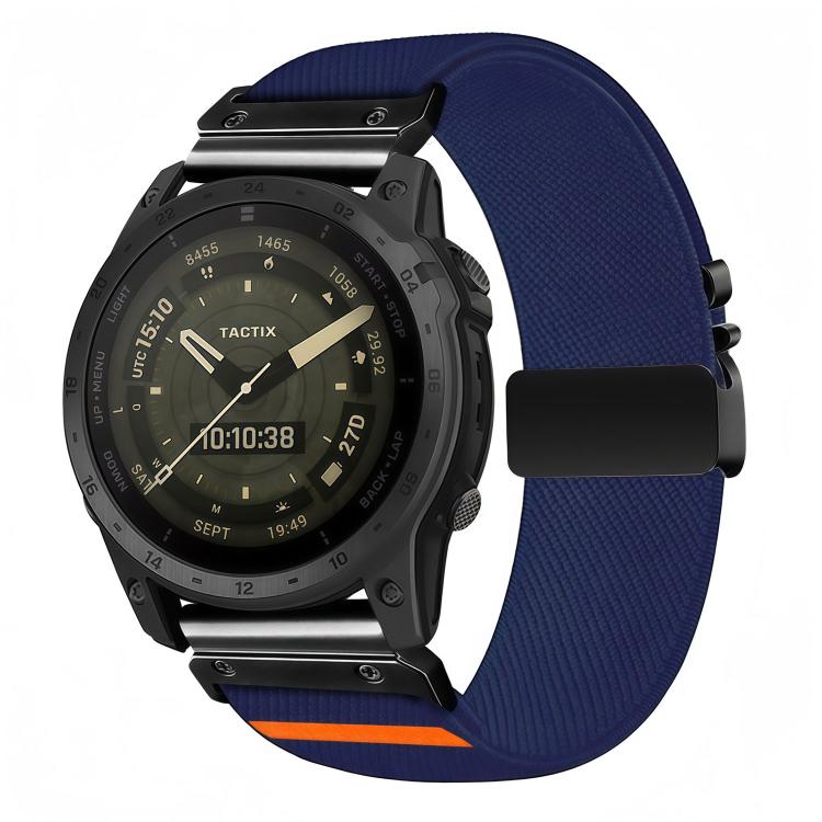 Midnight blue stretch nylon watch band with diagonal weave, black buckle, and orange accent