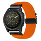Bright orange stretch nylon watch band with diagonal weave and black buckle