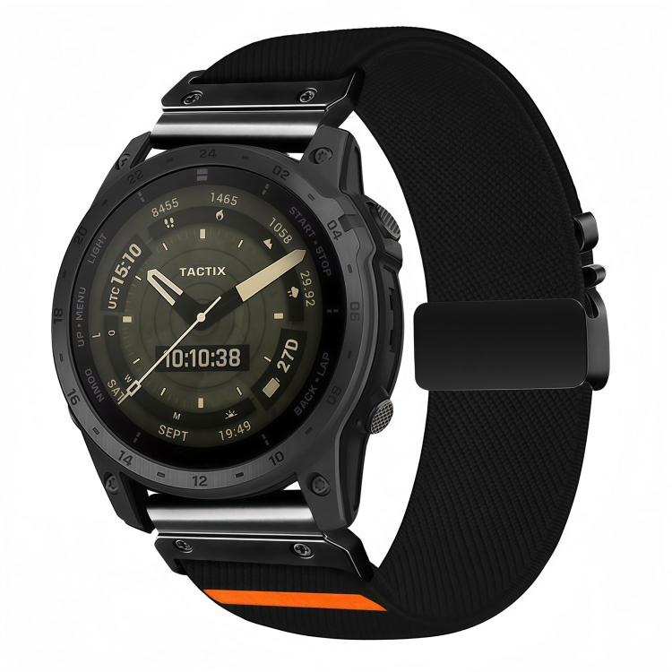 Black stretch nylon watch band with diagonal weave, black buckle, and orange accent