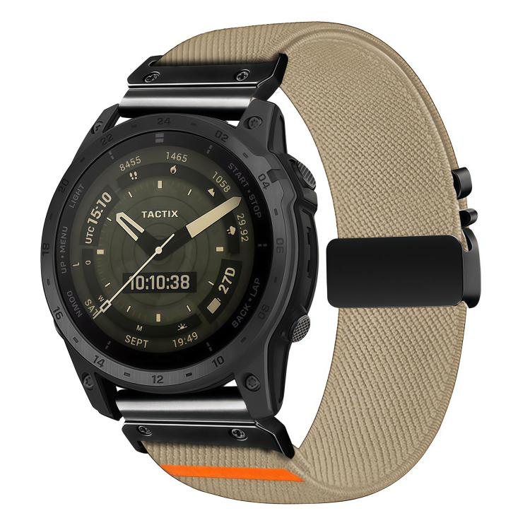 Beige stretch nylon watch band with diagonal weave, black buckle, and orange accent