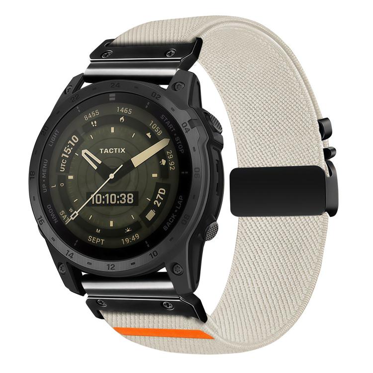 Light cream stretch nylon watch band with diagonal weave, black buckle, and orange accent