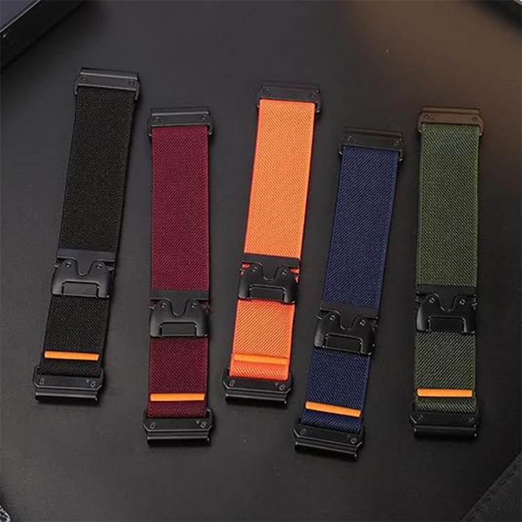Five stretch nylon watch bands in black, burgundy, orange, navy, and olive green.