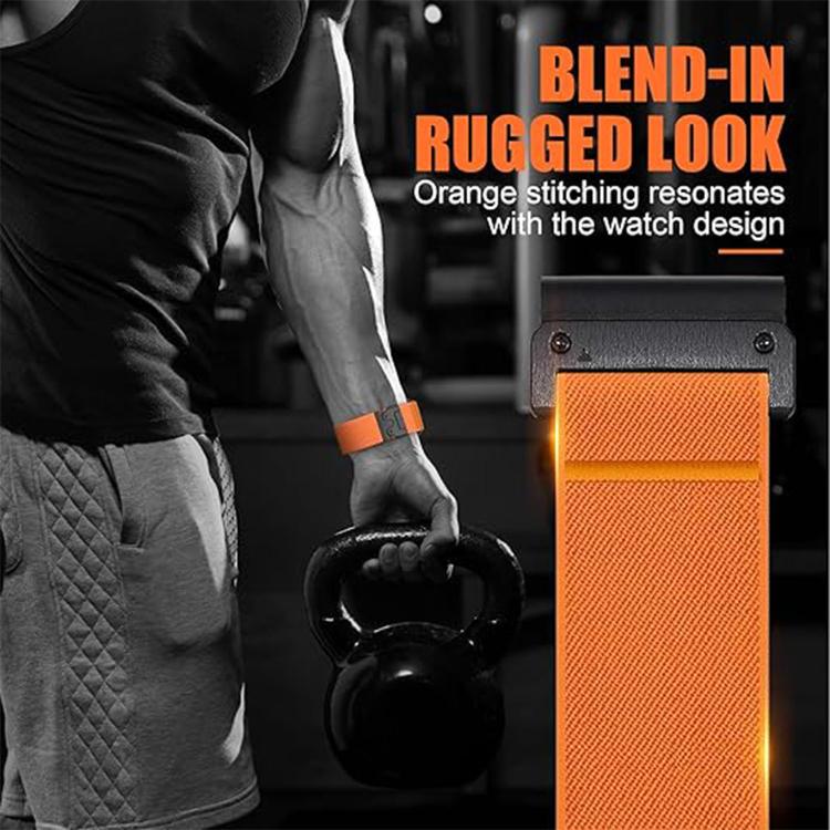 Orange diagonal-weave nylon watch band with black buckle, shown close up and worn during exercise.