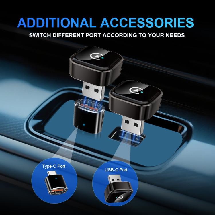 Two black wireless car adapter units with USB connectors for different port needs