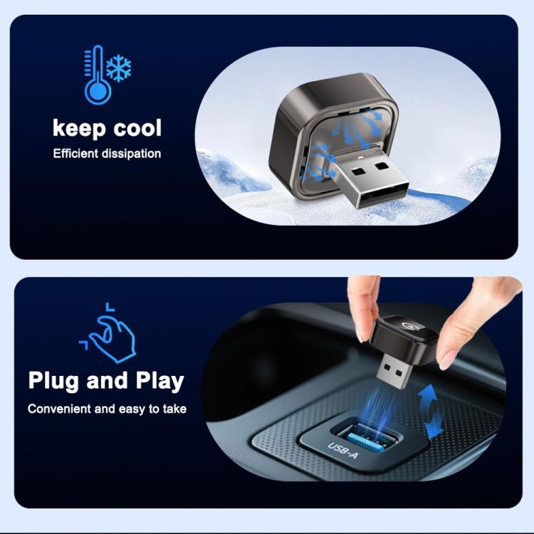 Black wireless car adapter with USB plug and cooling-style heat dissipation vents
