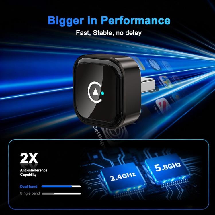 Black wireless car adapter with USB connector and illuminated status icon