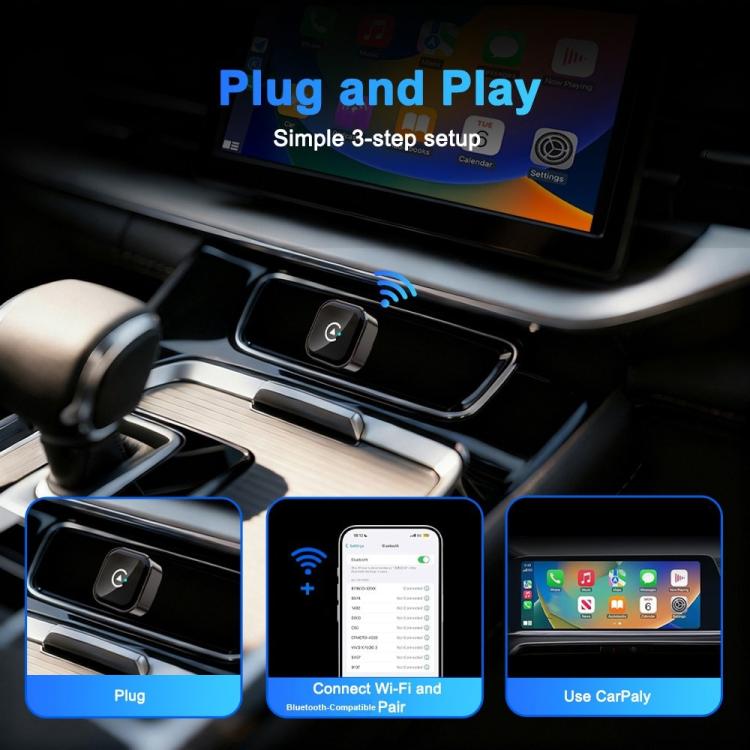 Wireless car adapter module with USB plug, placed on a car center console