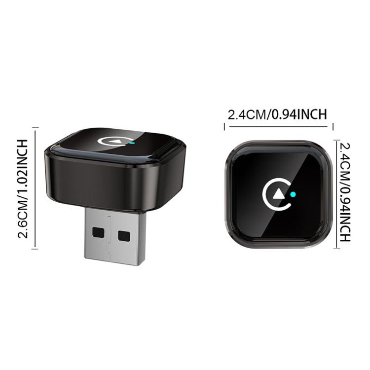 Black wireless car adapter in front and top views with size measurements