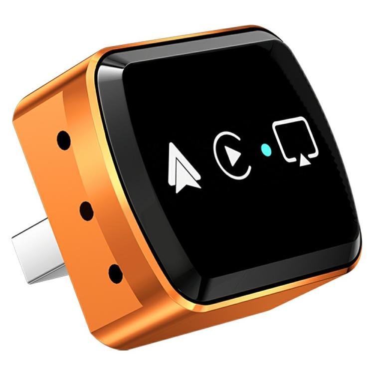 Orange and black wireless screen mirroring adapter with USB plug and icon buttons