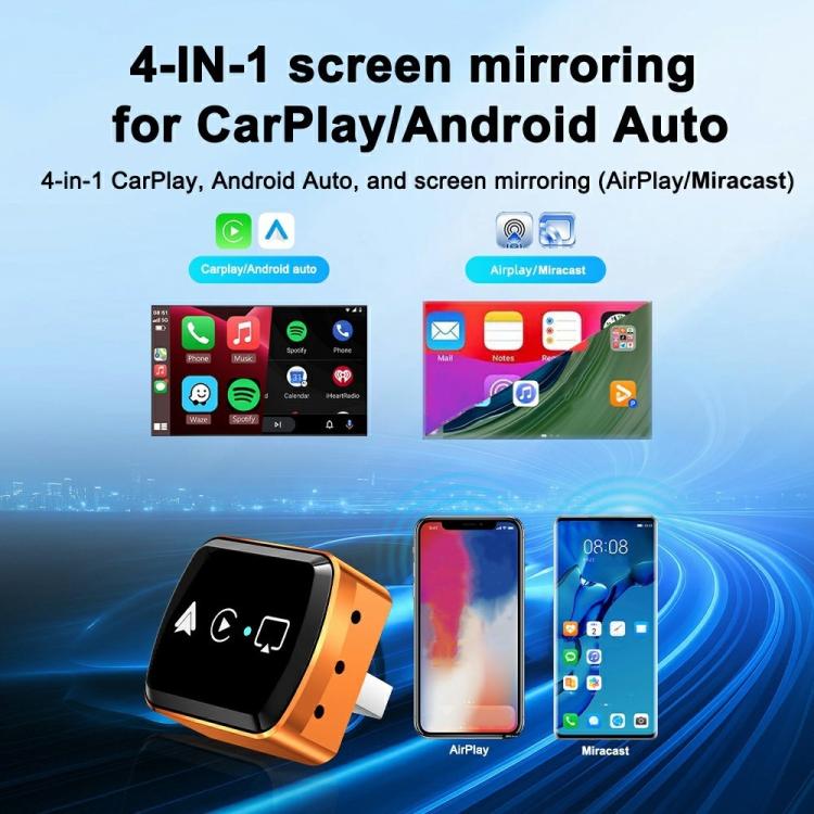 Orange and black 4-in-1 screen mirroring adapter with USB plug and control icons