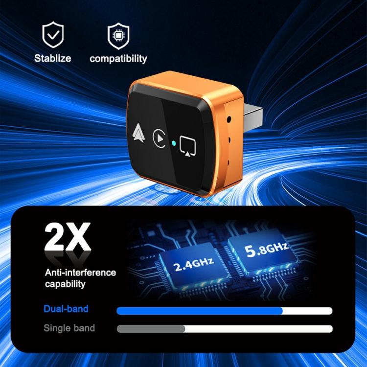 Orange and black wireless screen mirroring adapter with top control icon panel